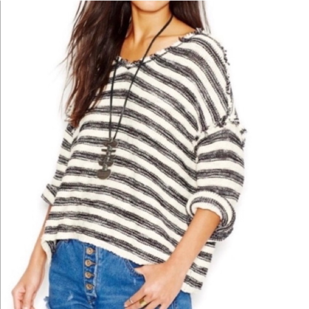 Free People Striped Spells Trouble Oversized V-neck Knit Top - Picture 2 of 8